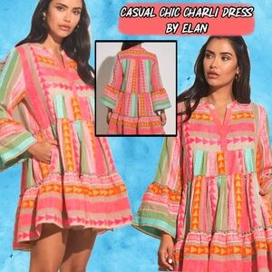 Elan Multicolor Boho Dress🩷NWT  SIZE LG Casual Chic Resort Vibe - Bell Sleeve.